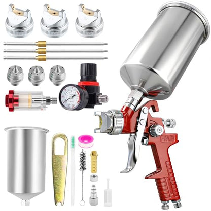 RRJ HVLP Gravity Feed Spray Paint Gun, Paint Sprayer 1.4/1.7/2.5mm Nozzles with Air Regulator, 1000cc, Automotive Paint Gun for Car Primer, Paint Gun for House Painting, Furniture, Fence (Red) - color: AL Red