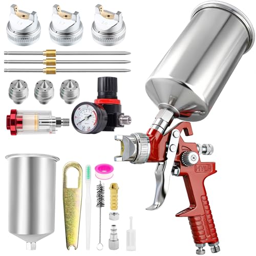 RRJ HVLP Gravity Feed Spray Paint Gun, Paint Sprayer 1.4/1.7/2.5mm Nozzles with Air Regulator, 1000cc, Automotive Paint Gun for Car Primer, Paint Gun for House Painting, Furniture, Fence (Red) - color: AL Red