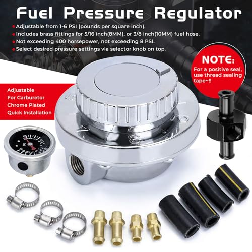 1-5 PSI Universal Fuel Pressure Regulator with Gauge Adjustable Manual for Carburetor Carb Zinc Alloy with 5/16 3/8 Fittings
