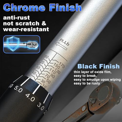 1/4 3/8 1/2 9PC Torque Wrench Set 20-220 In lb,5-45 &10-170 Ft lb,3 extension bar & 3 adapter,3% Accuracy,72 T,Chrome plated,anti-rust,no scratch & wear-resistant than Black,for DIY, bike,car & truck - size: 1/4'' 3/8'' 1/2'' 9pcs