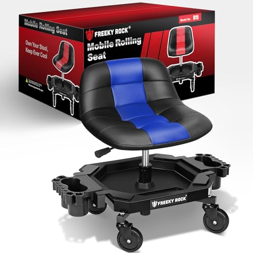 Rolling Stool with Wheels, Adjustable Height Pneumatic Garage Work Mechanic Stool Seat with Backrest, 400 LBS Capacity 360° Swivel Mechanic Crepper Chair with Tool Tray Storage, Blue - color: Carbon Fiber Blue