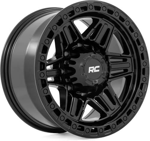 Rough Country 17x9 Series 76 Wheel with Simulated Beadlock - 5x5, 12mm OffSet - Gloss Black Lightweight Aluminum Off-Road Wheel for Jeep & Truck - size: 5x5, -12mm Offset