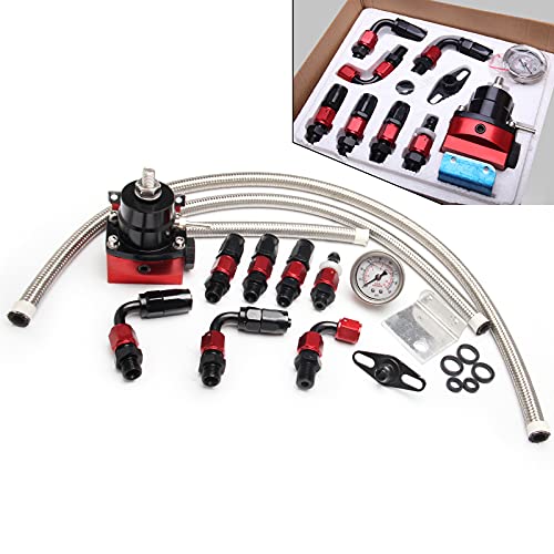 EFI Fuel Pressure Regulator Kit 30-70psi with Gauge 6AN Aluminum Adjustable Universal Fuel Line Hose Fitting Connectors Kit Black&Red - color: Black&Red