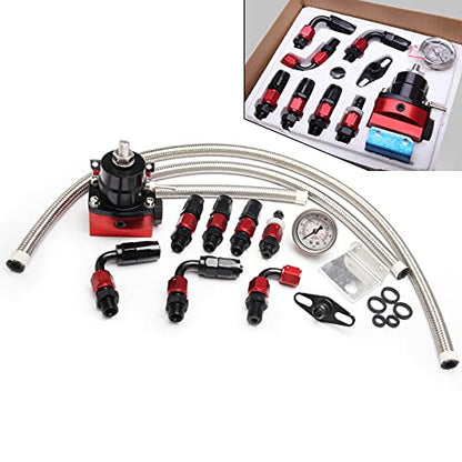 EFI Fuel Pressure Regulator Kit 30-70psi with Gauge 6AN Aluminum Adjustable Universal Fuel Line Hose Fitting Connectors Kit Black&Red - color: Black&Red