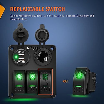 Nilight 3 Pack Rocker Switches 5 PIN with Night Glow DIY Stickers - color: Green 3 PCS