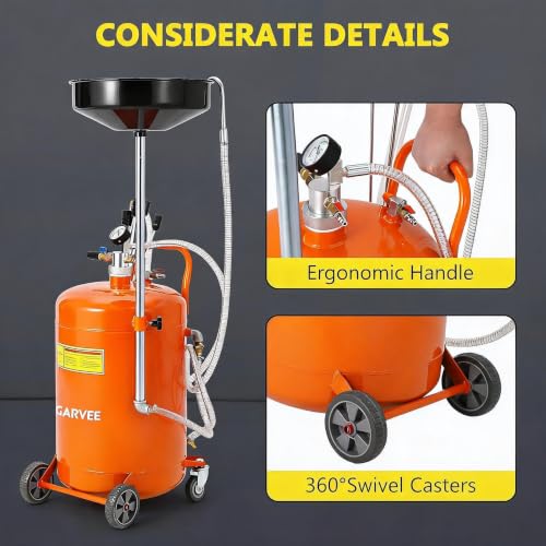 Garvee 20 Gallon Waste Oil Drain Tank, Portable Oil Drain Container, Air Operated Drainer, Fluid Fuel Transfer Drainage, Adjustable Funnel Height with Wheel &15'' Premium Bowl and a Toolbox - size: 20 Gallon - L Size - Orange