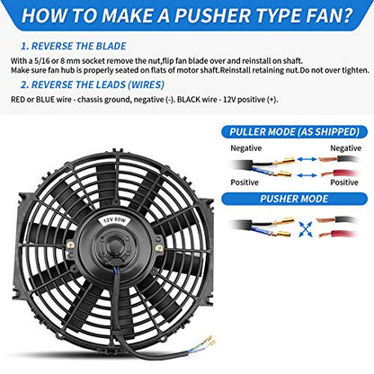 MONOKING 2PCS 10" inch Slim Fan Push Pull Electric Radiator Cooling Fans 12V Mount Kit Unversal Black Universal High Performance Reversible Radiator Fan with Mounting Kit 1350 CFM 6.67 Amps 80 Watts - size: 10 Inch-2PCS