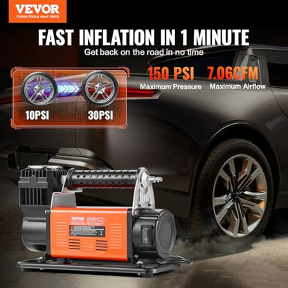 VEVOR 12V Heavy Duty Air Compressor - with Digital Pressure Gauge Tire Inflator Kit, 7.06 CFM Portable Tire Inflator, 150PSI Offroad Air Pump with Adapters for Trucks Car SUV 4 x 4 Vehicle RV - style: 7.06CFM with Digital