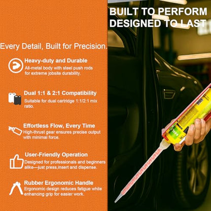 Epoxy Gun Dual Component 400ml – Manual 1:1 & 2:1 Ratio Adhesive Applicator for Epoxy, Urethane, Acrylic,High-Thrust 2-Part Adhesive Gun for Panel Bonding, Structural & Plastic Repair,Orange - size: 400 ml (1:1, 2:1)