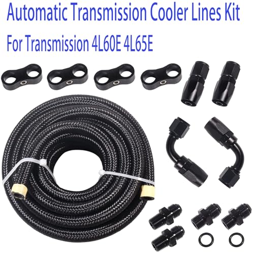 6AN 15FT 4L60E 4L65E Transmission Cooler Line Kit - Black,1/4"NPSM X 6AN -Steel-Black Nylon Braided Hose Kit Nylon Braided Fuel Line Hose Fitting Kit with 6AN 90 degree &Straight Hose Ends.