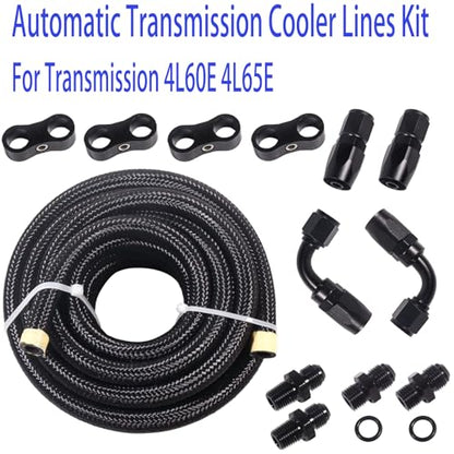 6AN 15FT 4L60E 4L65E Transmission Cooler Line Kit - Black,1/4"NPSM X 6AN -Steel-Black Nylon Braided Hose Kit Nylon Braided Fuel Line Hose Fitting Kit with 6AN 90 degree &Straight Hose Ends.