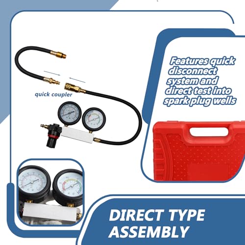 Handor Compression Leakdown Detector Leakage Test Set Cylinder Leak Down Tester Kit Dual Gauge Leakdown Detector Tool Set for Pressure Check & Leakage Rate Test Gasoline Engine