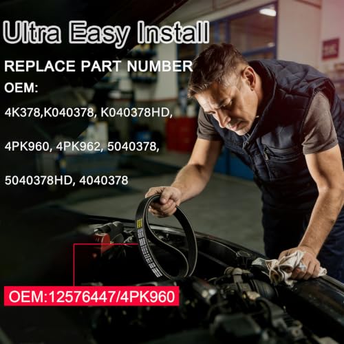 AC Belt 12576447 4PK960 for 1999-2008 Chevy Silverado 1500 2500 GMC Sierra Tahoe Yukon Escalade 4.8L 5.3L 6.0L V8, Air Compressor Serpentine Belt,K040378 Anti-Stretch Rubber Built for 60K+ Miles - size: 4PK960