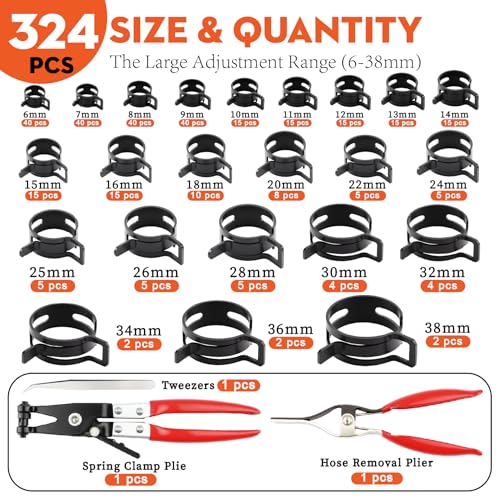 324Pcs Spring Hose Clamp Kit (6-38mm) with 2 Pliers for Fuel Lines - color: 324-piece