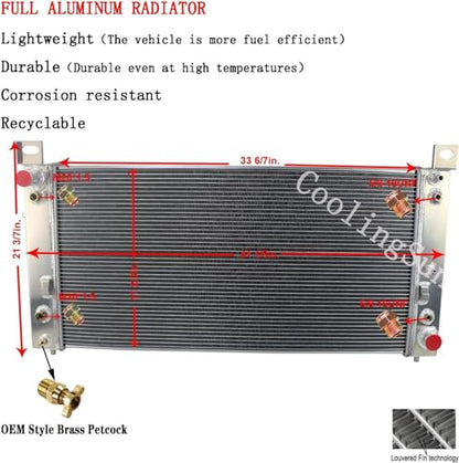 CU2370 34 Inch Aluminum Radiator for Cadillac Escalade ESV EXT, Chevy Avalanche Tahoe Silverado Suburban 1500 2500 3500 HD, GMC Yukon XL Sierra, Hummer H2 V8 1999-2014, 3 Row Radiators