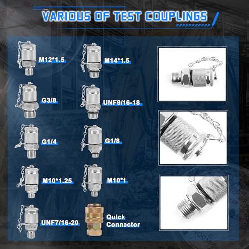 Hydraulic Pressure Test Kit with 4 Gauges 10 Couplings 3 Hoses, Hydraulic Tester Gauge Set 10Mpa/25Mpa/40Mpa/60Mpa for Excavator Construction Machinery - size: Silver 4 Gauges 10 Couplings