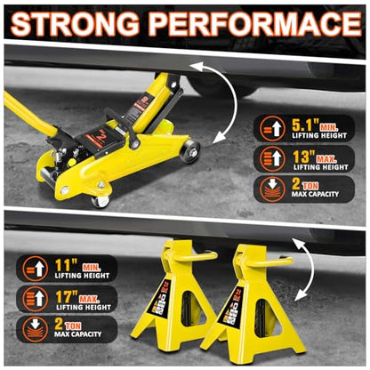 PM PERFORMOTOR Low Profile Hydraulic Trolley Service/Floor Jack Combo with 2 Ratchet Jack Stands, 2 Ton (4000 lbs) Capacity, Yellow,PM-TOL-FJ3P-YL - color: Yellow