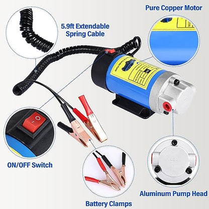 Oil Extractor Pump 12V 100W, Engine Oil Transfer Change Pump, Portable Electric Self-Priming Gear Pump Oil Change Pump with Tubes for Car Motorcycle RV ATV and Boat