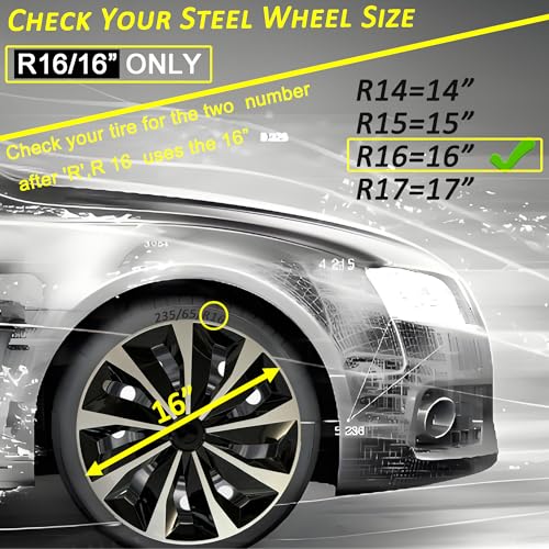 16 inch Hubcaps ABS Replacement for Steel Wheel（Non-Alloy） Snap-on Set of 4 - color: TT-Silver-Black, size: 16-inch