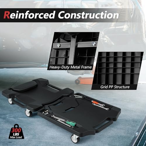 43" Foldable Mechanic Creeper, Heavy Duty Rolling Garage Creeper with Padded Headrest & Tool Trays, Low Profile Automotive Creeper for Garage, Shop & Auto Work Repair, 350 lbs Capacity