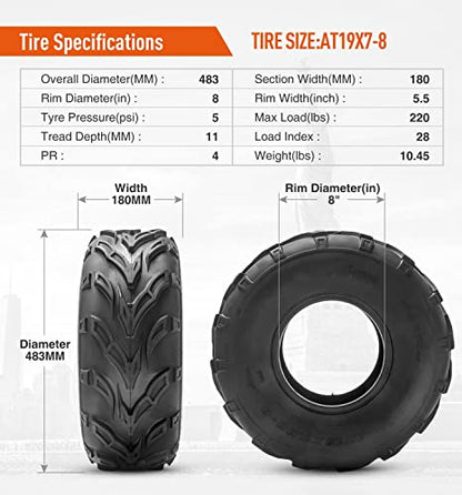 HALBERD 19x7-8 Sport ATV Tire, 4PR 19x7x8 Mini Bike Tire, Tubeless - size: 19x7-8