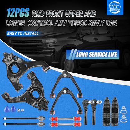 Front End 12pc Suspension Kit for 1999-2006 RWD Chevy Silverado GMC Sierra 1500, 4 Lower & Upper Control Arms w/Ball Joints 2 Sway Bars 4 Tie Rods 2 Boots OE Replacement - Upgrade PU Bushing (12 PCS) - size: 12PC, style: Front Lower