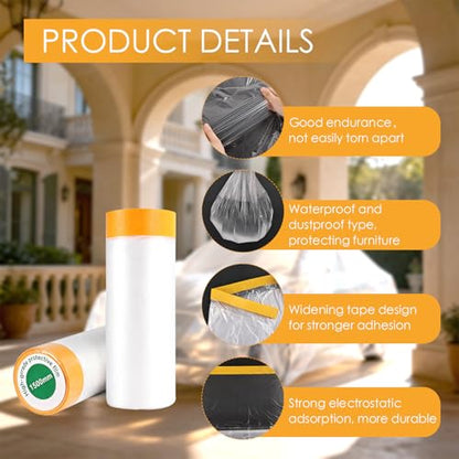 Pre-Taped Masking Film Painters Plastic with Tape 4 Rolls 5 x 65 Feet Paint Adhesive Protective Film Clear Drop Cloth for Painting Automotive Covering and Appliance Protection - size: 5*65 Feet