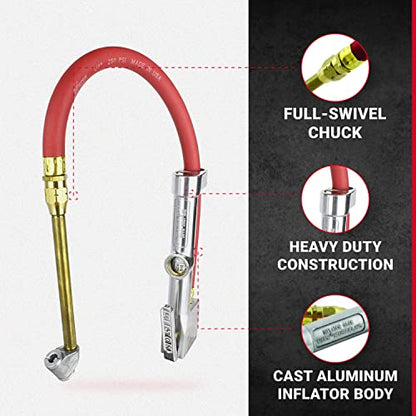 New & Improved - Tire Inflator Gauge with Dual Head Air Chuck 15” Air Hose 10-160 PSI