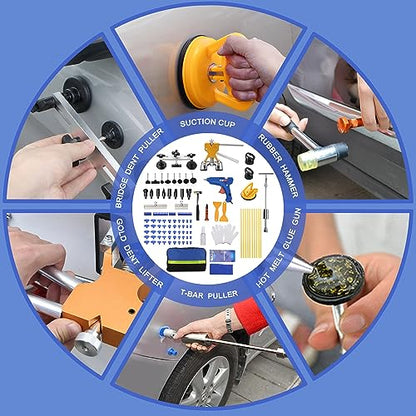 97PCS Auto Body Dent Repair Tool Kit, Paint-Friendly Dent Repair Kit with Golden Lifter, Slide Hammer T-bar Dent Puller, Bridge Puller, Suction Cup and Glue Gun for Car Dent Remove Tools Kit