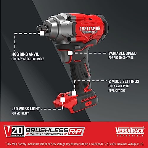 CRAFTSMAN V20 Cordless Impact Wrench, 1/2 inch, Bare Tool Only (CMCF921B)