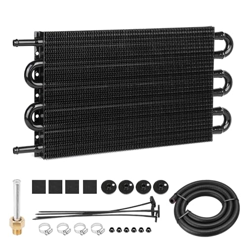 6 Pass Aluminum Transmission Oil Cooler Kit, Universal 5/16" Tube and Fin Design with Mounting Hardware & Hose, Black