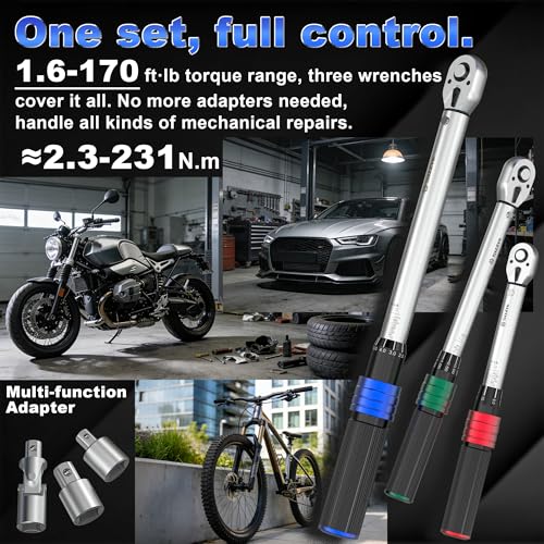 1/4 3/8 1/2 9PC Torque Wrench Set 20-220 In lb,5-45 &10-170 Ft lb,3 extension bar & 3 adapter,3% Accuracy,72 T,Chrome plated,anti-rust,no scratch & wear-resistant than Black,for DIY, bike,car & truck - size: 1/4'' 3/8'' 1/2'' 9pcs