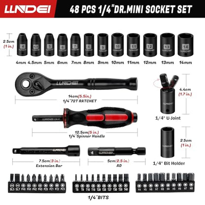 LLNDEI 48 Piece 1/4" Mini Socket Ratchet Wrench Set, Metric Shallow(4-14mm)