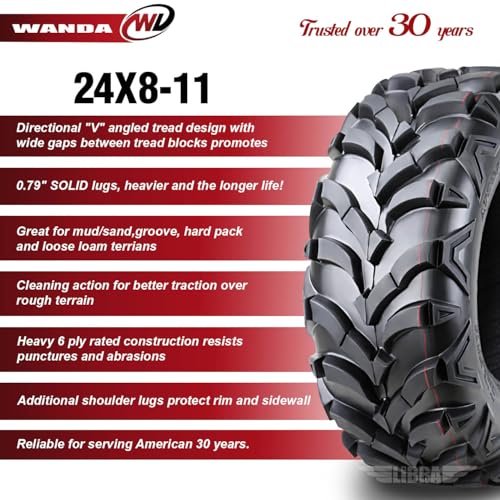 WANDA One ATV Tire 24X8-11 24X8X11 6-Ply Solid Mud 20mm Tread - size: 24x8-11