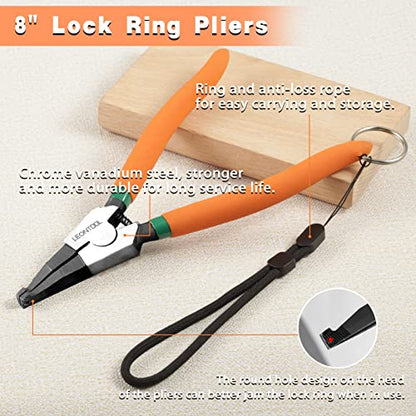 8-Inch Lock Ring Pliers Flat Snap Ring Pliers with Ring and Anti-loss Rope Special Circlip Pliers Reverse Pliers Retaining Ring Pliers Spreader Pliers for Transmission Transfer Cases - size: 8" with Ring & Rope