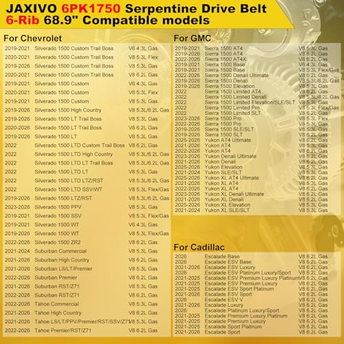 12669858 Serpentine Belt V-Ribbed Drive Belt Compatible with 19-26 Silverado/Sierra 1500 V8 5.3L 6.2L,21-26 Tahoe Suburban Escalade ESV Yukon XL V8 6.2L,Replace 6PK1750 - size: 6PK1750-1750mm