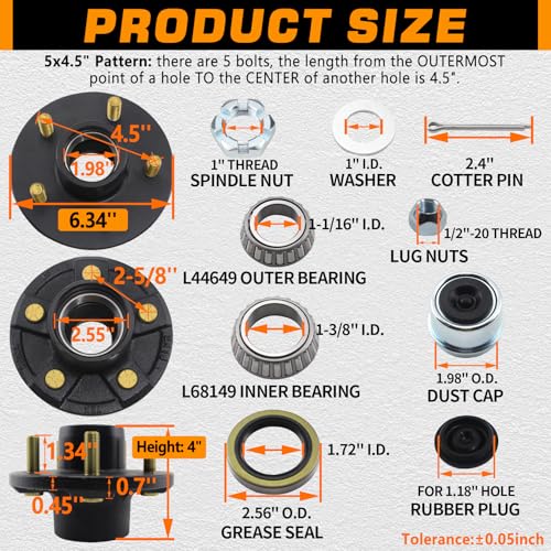 5x4.5 Trailer Hub Kits for 3500lb 1-1/16'' to 1-3/8'' Tapered Axle