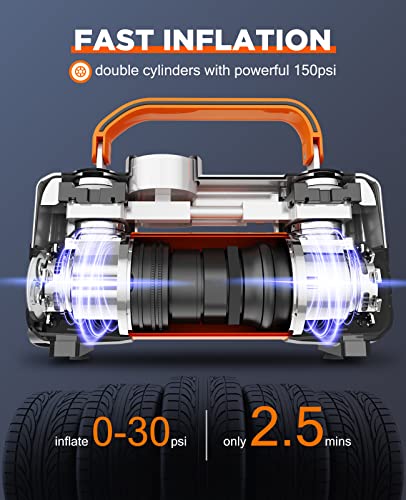 UUP Portable 12V Air Compressor, 150 PSI Tire Inflator with Dual Cylinders - color: Orange