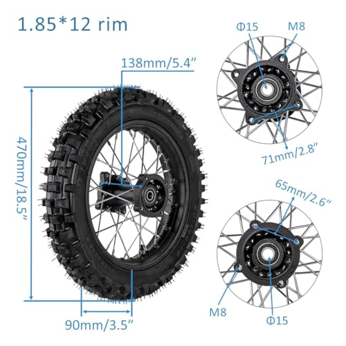 12" Complete Dirt Bike Rear Wheel 80/100-12 Tire Rim Set 15mm Bearing for Pit Bike Motocross Off Road 50cc 70cc 90cc 125cc 140cc SSR Apollo Taotao DB14 DB17 XR70 CRF50 CRF70 KX65 XR CRF 70 - color: Rear 80/100-12, size: 15mm Bearing