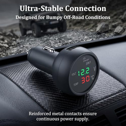 3-in-1 Car USB Power & Voltmeter & Thermometer, Real Time Monitor Gauge with LED Digital Display, Cigarette Lighter Plug and Play Detection Tool, Universal for Cars SUVs Trucks (Black)