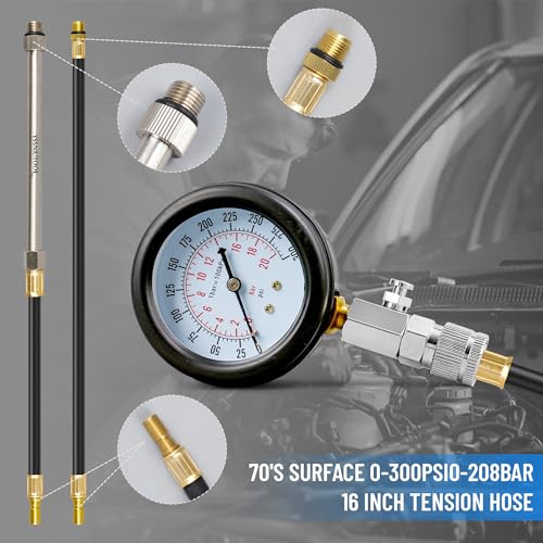 11PC Compression Tester, Automotive Engine Compression Tester Adapter Kit, Engine Cylinder Leak Down Compression Test Motor Pressure Gauge with M10 M12 M14 M16 M18 (All Vehicles)