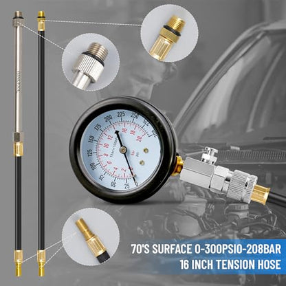11PC Compression Tester, Automotive Engine Compression Tester Adapter Kit, Engine Cylinder Leak Down Compression Test Motor Pressure Gauge with M10 M12 M14 M16 M18 (All Vehicles)