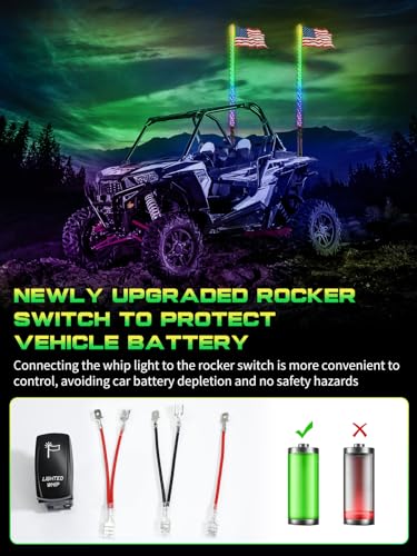 2 Pack 4FT Whip Lights with Spring Base, LED Whip Light with App & Remote Control, Spiral RGB Chasing Lighted Whips with Rocker Switch, Music Whip Light for UTV ATV - size: 4FT (2 Pack)