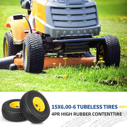 GICOOL (2 Pack) 15x6.00-6 Tubeless Tire and Wheel, 3" Offset Hub, 3/4" Bearing, 4 Ply, 15x6-6 Replacement Riding Lawn Mower Front Tires, Compatible with 100 and 300 Series John Deere Riding Mowers - size: 15x6.00-6 Tubeless
