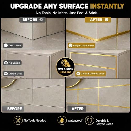 Gold Duct Tape, Metallic Mylar Film Tape, 10mm X 164 Ft. Vinyl Pinstripe Tape for Detailing Accent Wall, Wardrobe, Bathroom, Floor, Tile, Car, Graphic Arts - Stripe Stickers Decals - size: 10mm