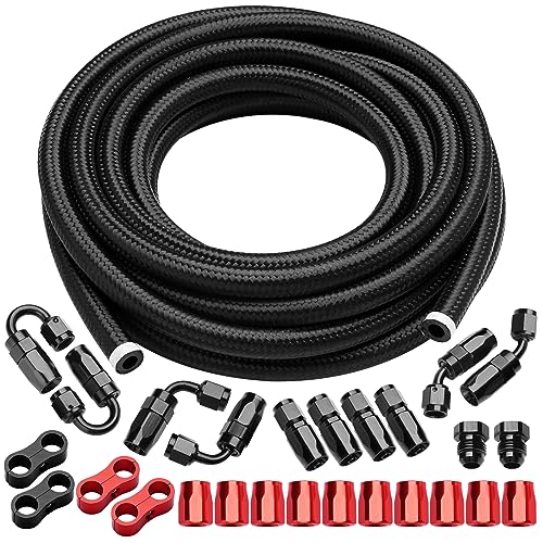 6AN Fuel Line Kit 20FT, AN6 Nylon Stainless Steel Braided CPE Fuel Line Hose Fittings Kit With 26 PCS Swivel Hose End Fitting - color: Black & Red, size: 6AN 20FT