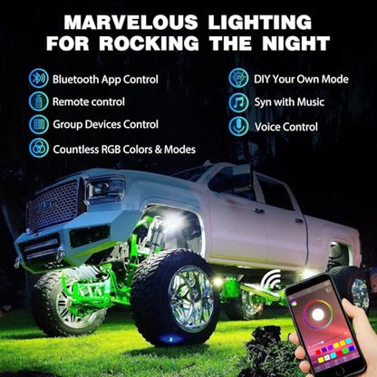 Nilight RGB LED Rock Lights Kit 4PCS Bluetooth App Control Multicolor - color: RGB 3LED w/Magnetic base, size: 4 Pods