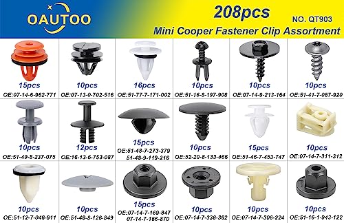 208pcs for Mini Cooper Auto Body Interior and Exterior Retainer Fastener Clip Assortment