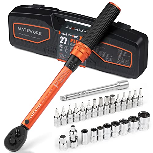 1/4 Inch Drive Click Torque Wrench, 27 PCS Bike Torque Wrench Set Double Scale (1-25Nm/8.9-221.3lb.in), 0.1Nm High Precision with Bit Sockets, 3/8 Adapter, Extension Bar, for Bicycle Maintenance - size: 1/4-inch (27PCS)