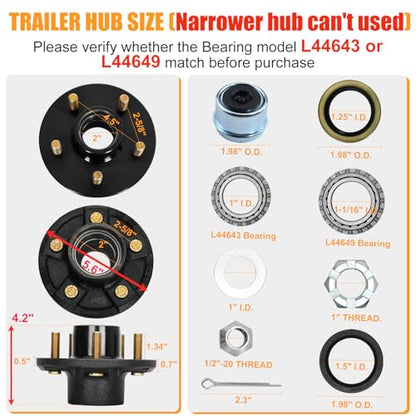 5 Lug Trailer Hub 2000Lbs, Fits 1"/1-1/16" Straight Spindle, 5x4.5 Boat Axle 2Pk - style: 5 on 4.5" Trailer Hub Kit for 2,000 lb Axle